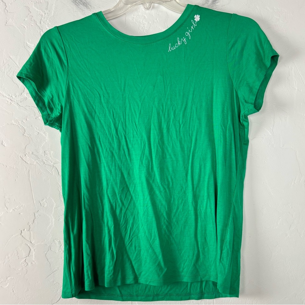 Brit.NY Shirt Knit‎ Top Tee Solid Dark Green Crew Neck Short Sleeve Lucky Girl